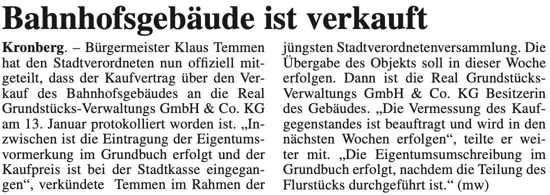Bahnhofsgebäude ist verkauft